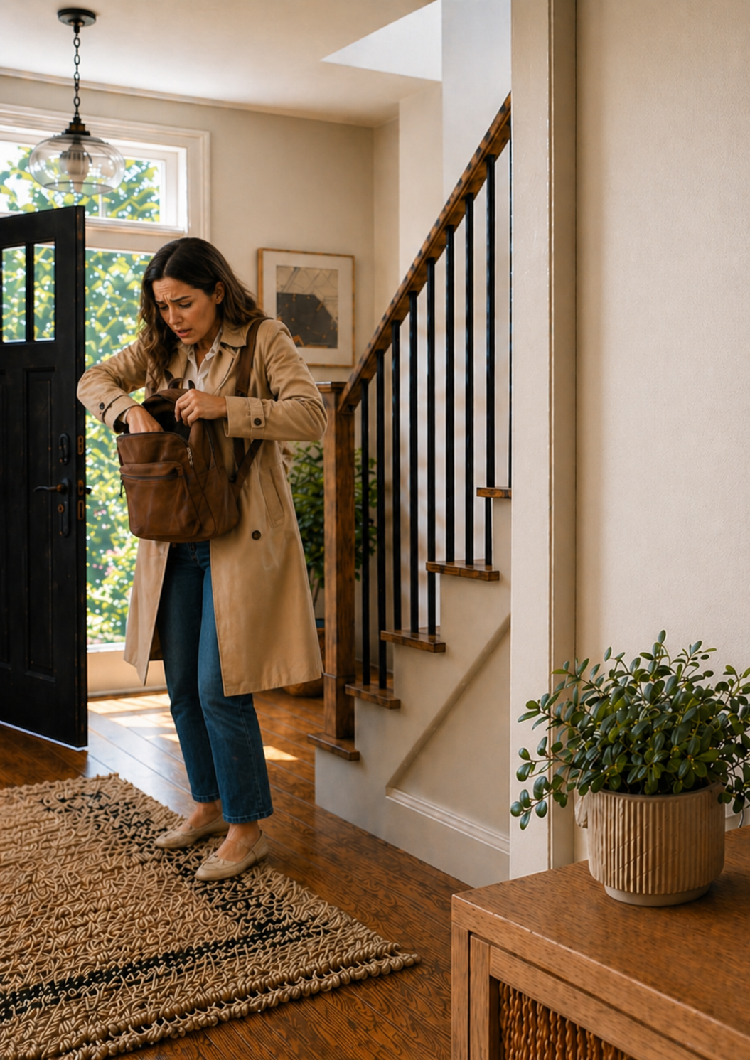 Entryway organizer problem moment: a person checks a bag at the front door before leaving home.