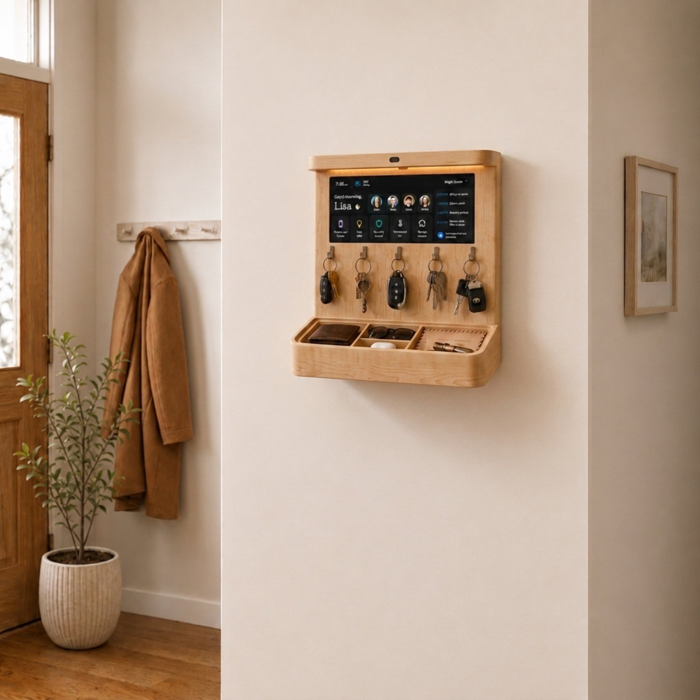 Magic Susan in Hard Maple finish, wall-hung in a warm modern entryway.