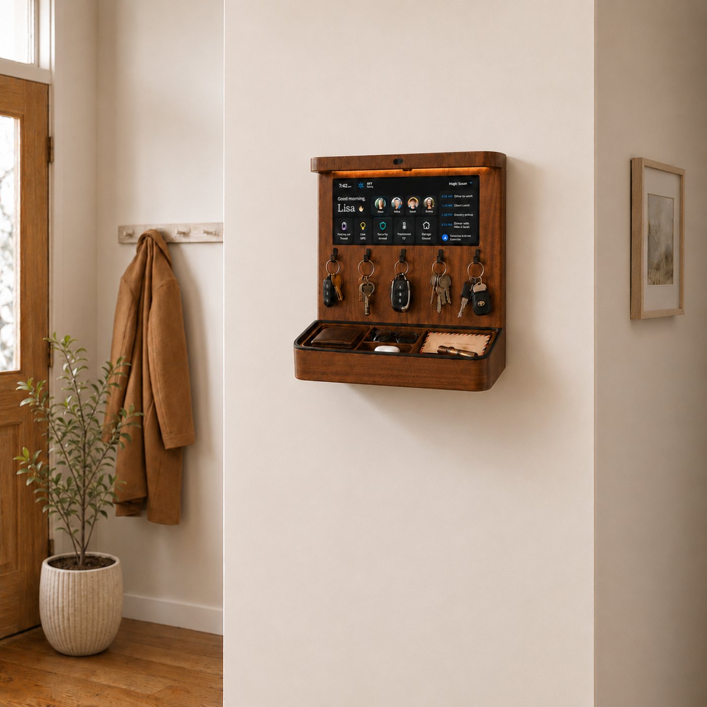 Magic Susan in Walnut finish, wall-hung in a warm modern entryway.
