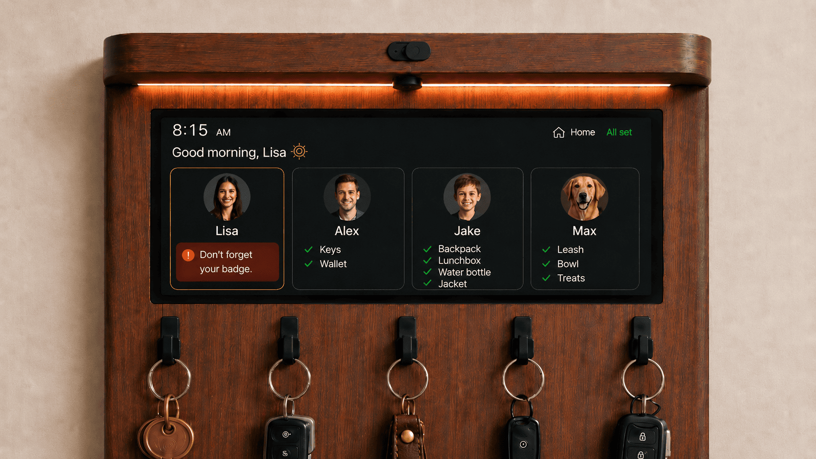Magic Susan's screen showing four household profiles: Lisa, Alex, Jake, and Max the dog, each with their own checklist, with a 'Don't forget your badge' reminder for Lisa and an 'All set' status.