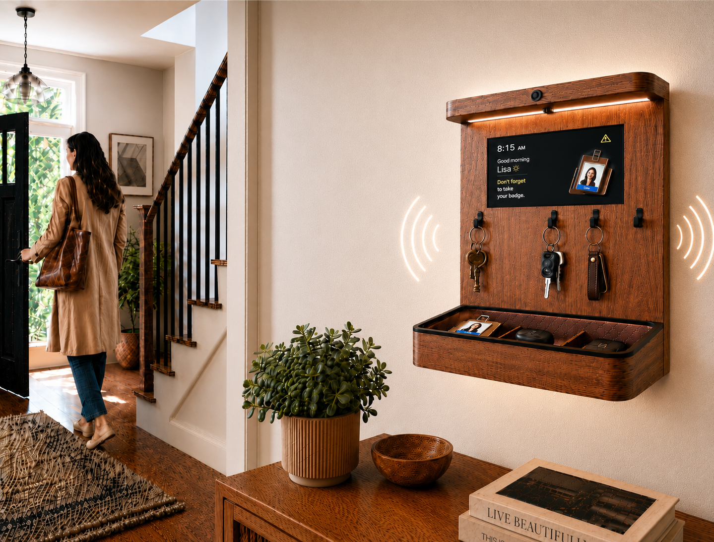 Magic Susan smart entryway organizer for smart homes, mounted by the door in a warm entryway scene.