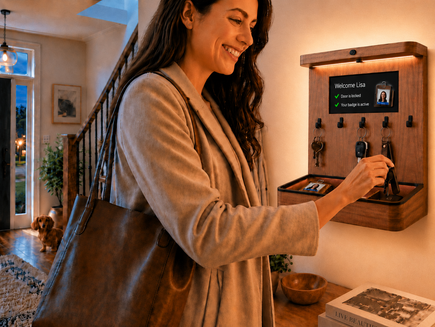 Magic Susan smart home entryway organizer reminding someone before they leave home.